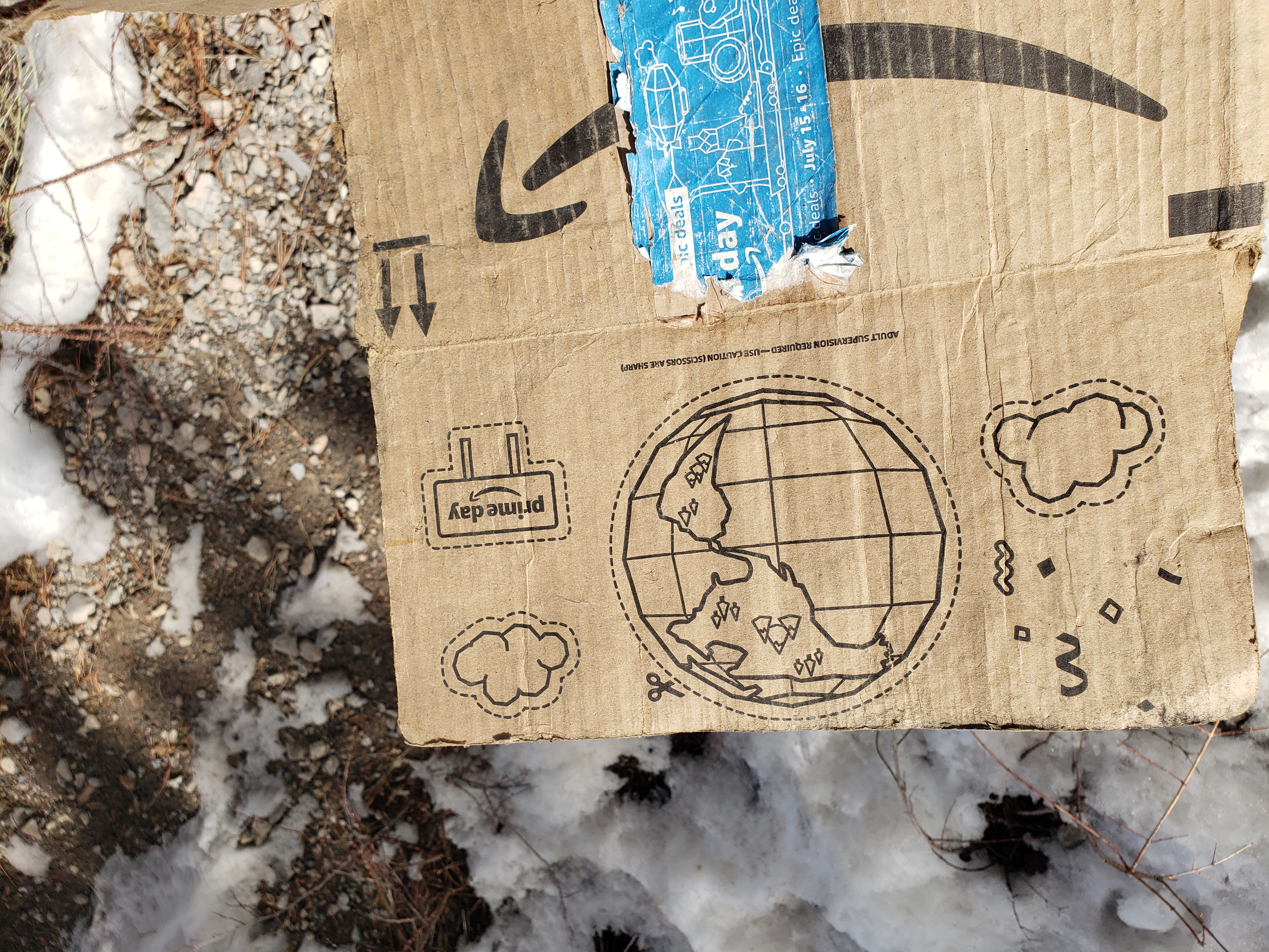 Amazon box left in the mountains, with ironic image of Earth on the side, suggesting environmental consciousness, yet it's become litter.