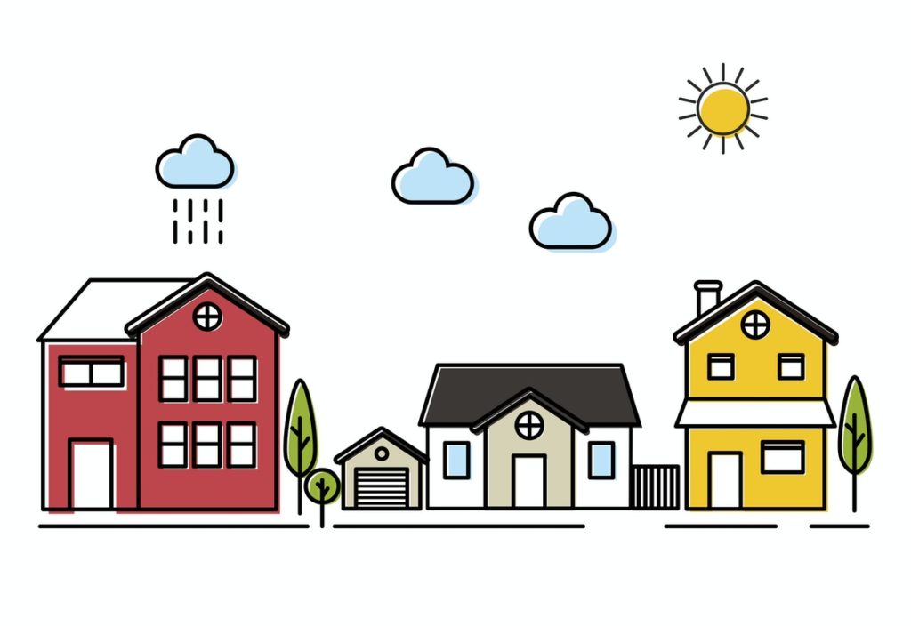 Graphic of different houses, representing neighborliness in its most basic form. 