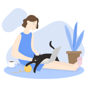 Graphic of a woman working on her laptop while her cat plays with a ball of yarn, suggesting the enjoyment of some people with telecommuting.