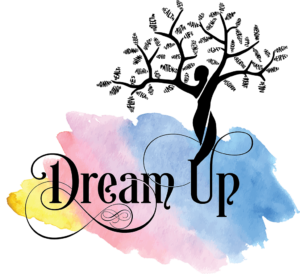 Dream Up Foundation Logo - Black lined image of a person with arms becoming branches of a tree. The words Dream Up are overlaid brush marks with a color fade with yellow, pink, and blue.