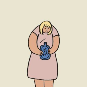 A person with a hot water bottle to help with painful cramps., representing endometriosis pain