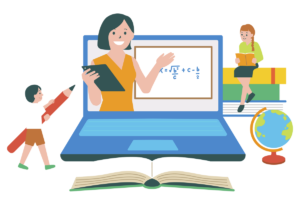 Graphic of a teacher on a laptop screen with a notebook in front of it, and children around it depicting education.