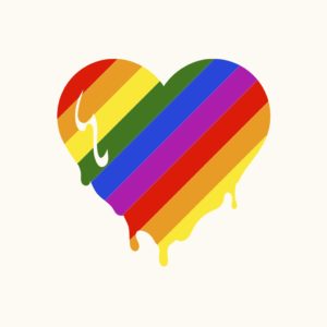 A melting heart with rainbow colors lined down the image representing Pride Month and the LGBTQ community