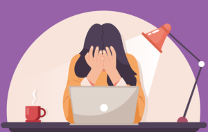Graphic of person with long brown hair sitting at a desk wearing a yellow long sleeve shirt and putting their head into their hands, suggesting stressfulness or despair. They sit in front of an open laptop beside an orange lamp and a red cup with a steamy drink in it.
