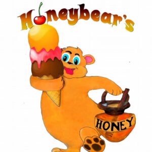 Honeybear's Frozen Scoops logo, with an orange bear carrying a triple scoop ice cream cone and a jar of honey