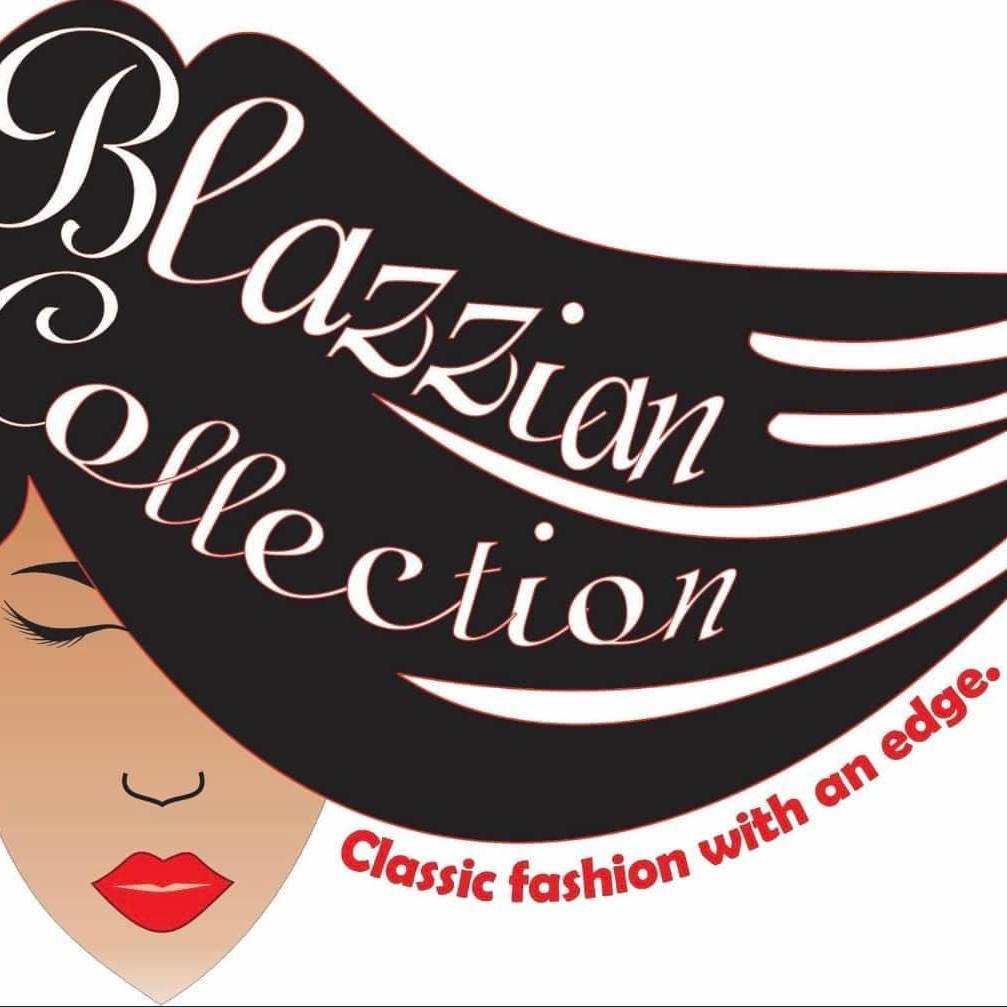 Graphic of a woman of color with black flowing hair with the words "Blazzian Collection" in white font in her hair. Underneath, it says "Classic fashion with an edge" in red font.