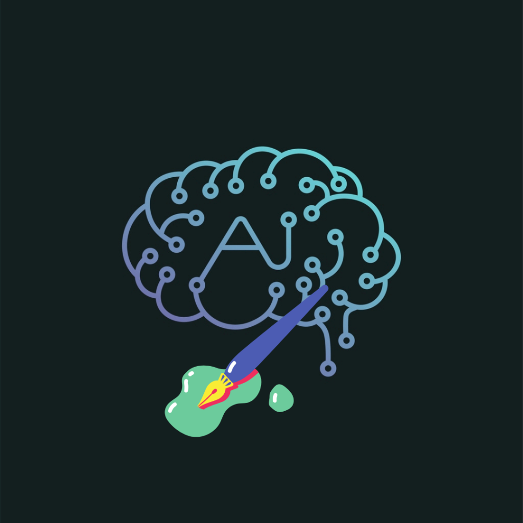 Graphic of a brain with electronic nodes with the letter "Ai" in the middle. A graphic of a pen and ink is overlayed on the brain to represent AI-generated content.