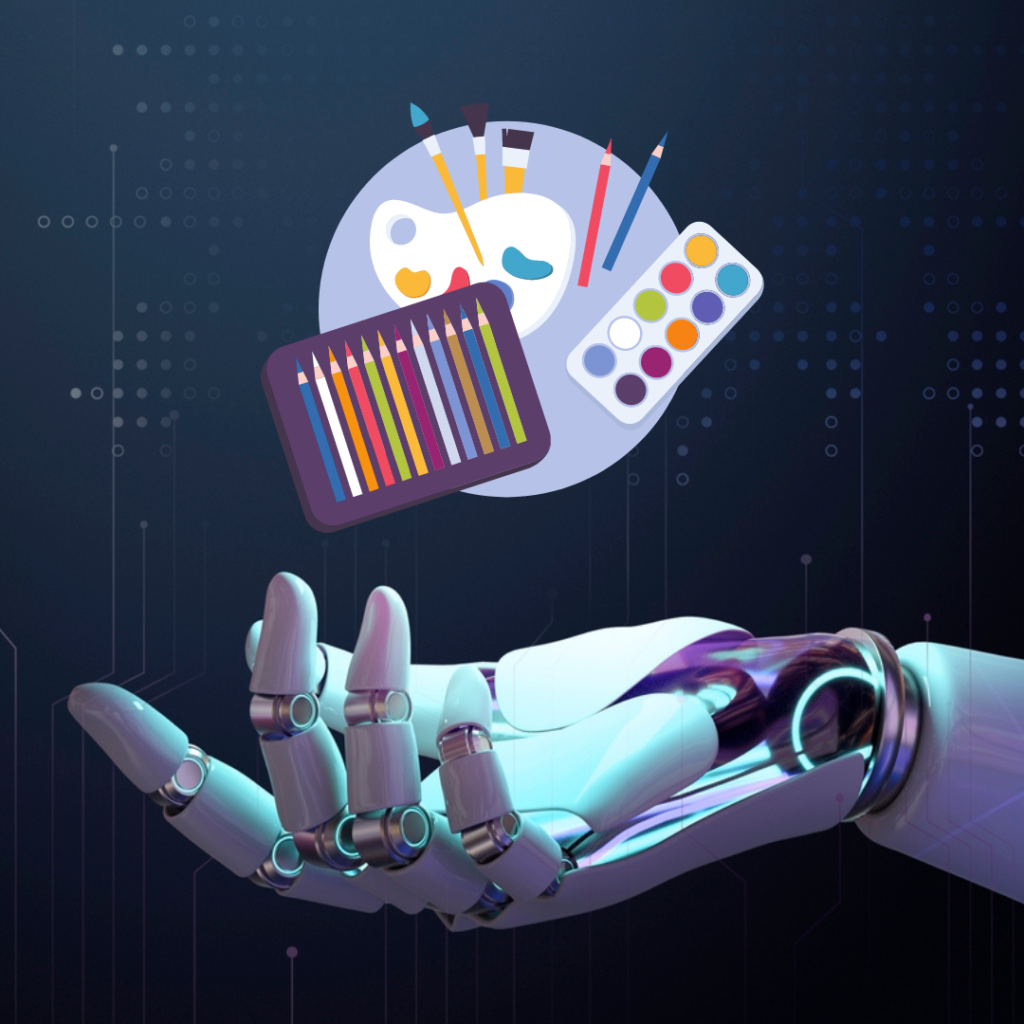 Image of a robotic arm with palm facing up, with added graphic of art supplies hovering above it, symbolizing Ai Art. 