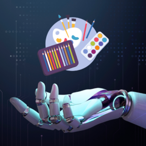 Image of a robotic arm with palm facing up, with added graphic of art supplies hovering above it, symbolizing AI Art. Image by rawpixel.com, graphic element added on Canva.