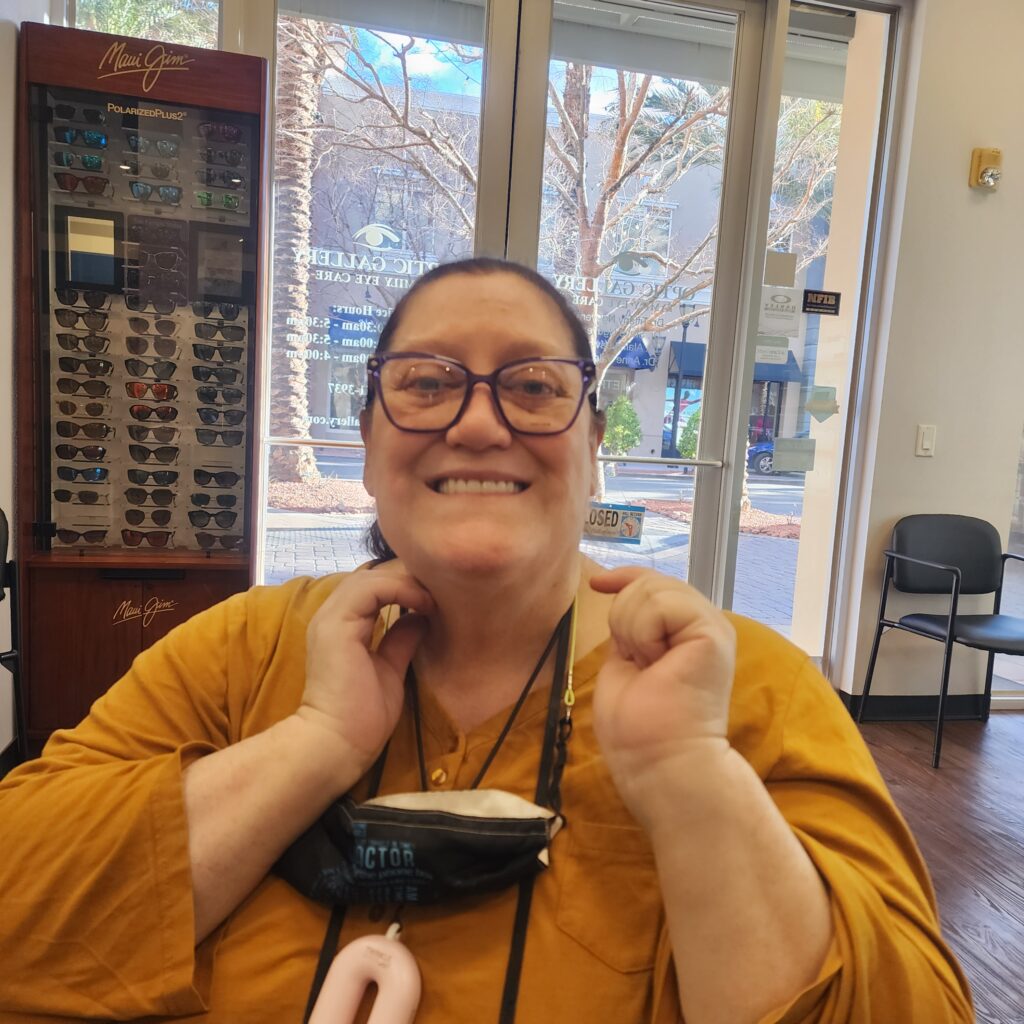 My mom at the eye doctor. As her caregiver, I take her to all of her appointments.