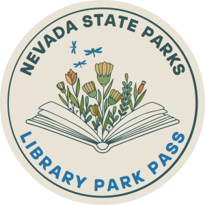 Nevada State Parks Library Park Pass Logo. Image of an open book with flowers growing out of it and dragonflies flying above.