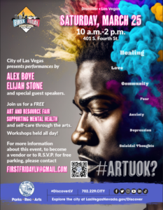 ARTUOK? event flyer. Picture of the side of a Black man's face with colorful smoke (blue, magenta, and yellow) surrounding his head.