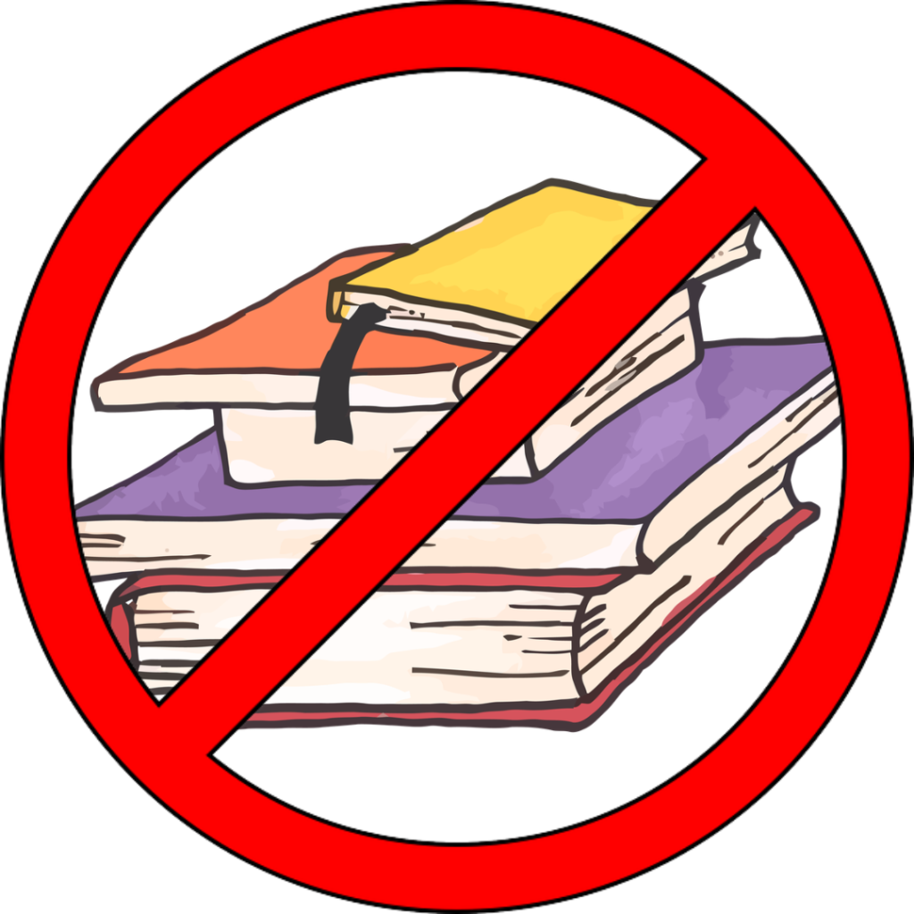 Stack of books (yellow, orange, purple, and red) with a red no-sign symbolizing book bans. circle. 