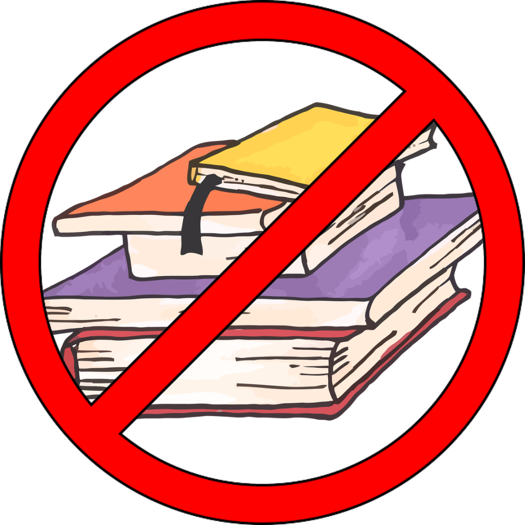 Stack of books (yellow, orange, purple, and red) with a red no-sign symbolizing book bans. circle.
